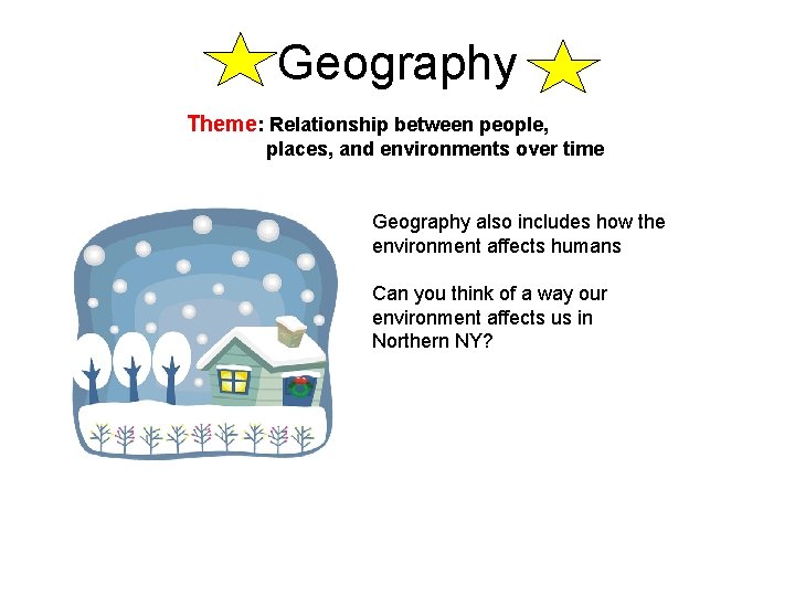 Geography Theme: Relationship between people, places, and environments over time Geography also includes how