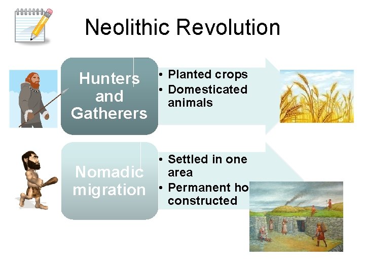 Neolithic Revolution Hunters and Gatherers Nomadic migration • Planted crops • Domesticated animals •