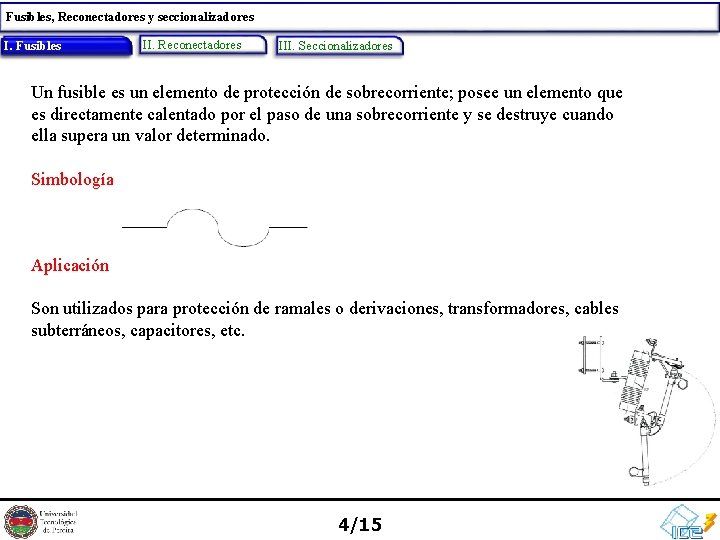 Fusibles, Reconectadores y seccionalizadores Fusibles I. I. Fusibles II. Reconectadores III. Seccionalizadores Un fusible