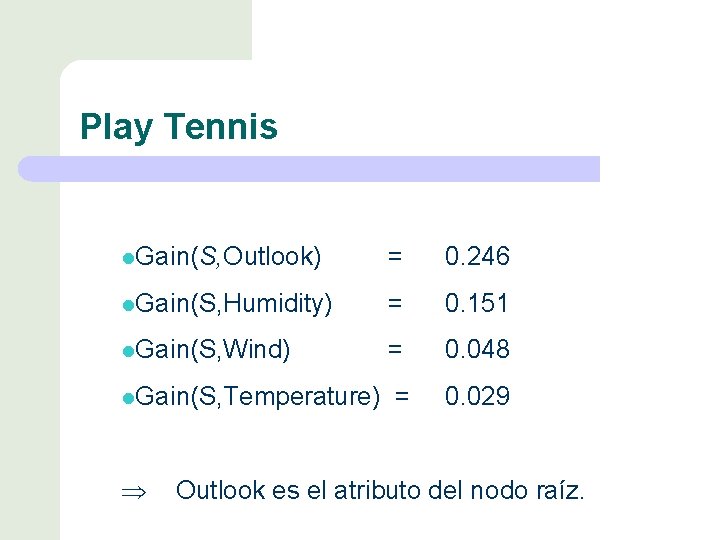 Play Tennis l. Gain(S, Outlook) = 0. 246 l. Gain(S, Humidity) = 0. 151