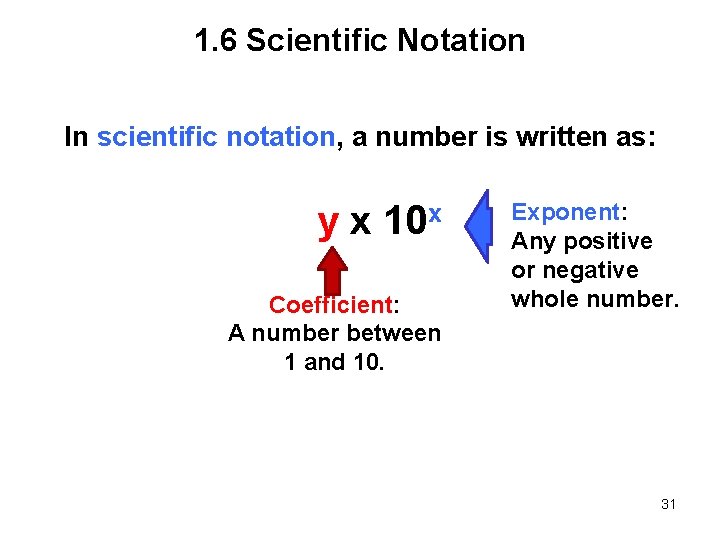 1. 6 Scientific Notation In scientific notation, a number is written as: y x