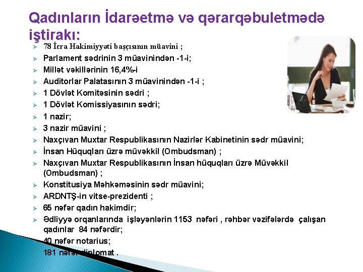 Qadınların İdarəetmə və qərarqəbuletmədə iştirakı: Ø Ø Ø Ø Ø 78 İcra Hakimiyyəti başçısının