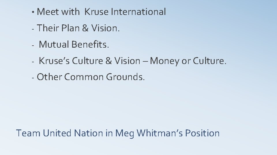 • Meet with Kruse International - Their Plan & Vision. - Mutual Benefits.