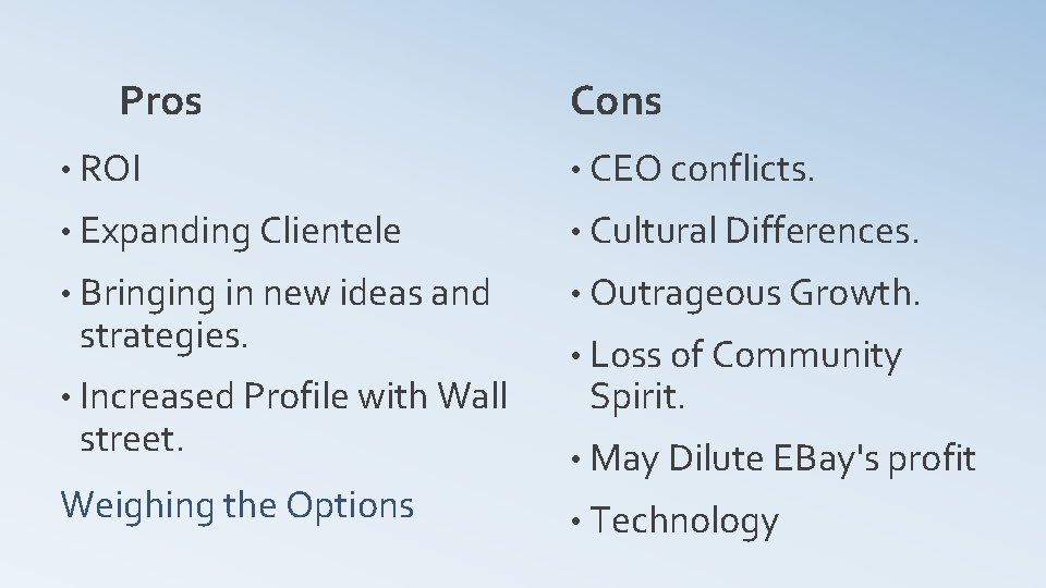 Pros Cons • ROI • CEO conflicts. • Expanding Clientele • Cultural Differences. •