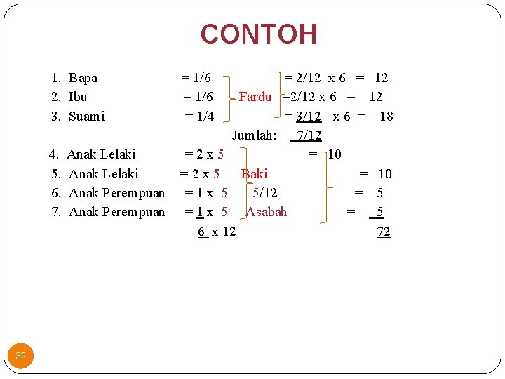 CONTOH 1. Bapa = 1/6 = 2/12 x 6 = 12 2. Ibu =