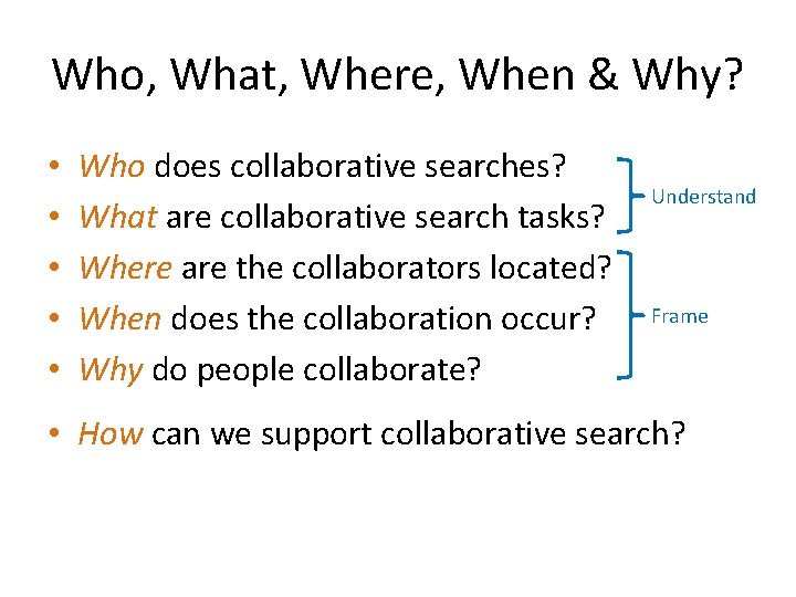 Who, What, Where, When & Why? • • • Who does collaborative searches? What