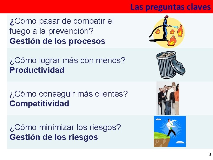 Las preguntas claves ¿Como pasar de combatir el fuego a la prevención? Gestión de