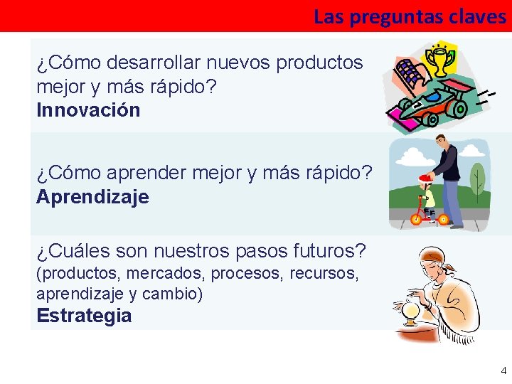 Las preguntas claves ¿Cómo desarrollar nuevos productos mejor y más rápido? Innovación ¿Cómo aprender