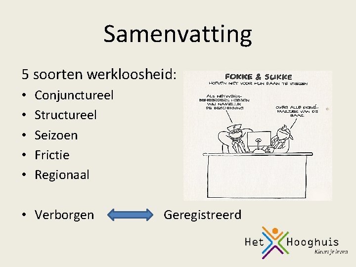 Samenvatting 5 soorten werkloosheid: • • • Conjunctureel Structureel Seizoen Frictie Regionaal • Verborgen