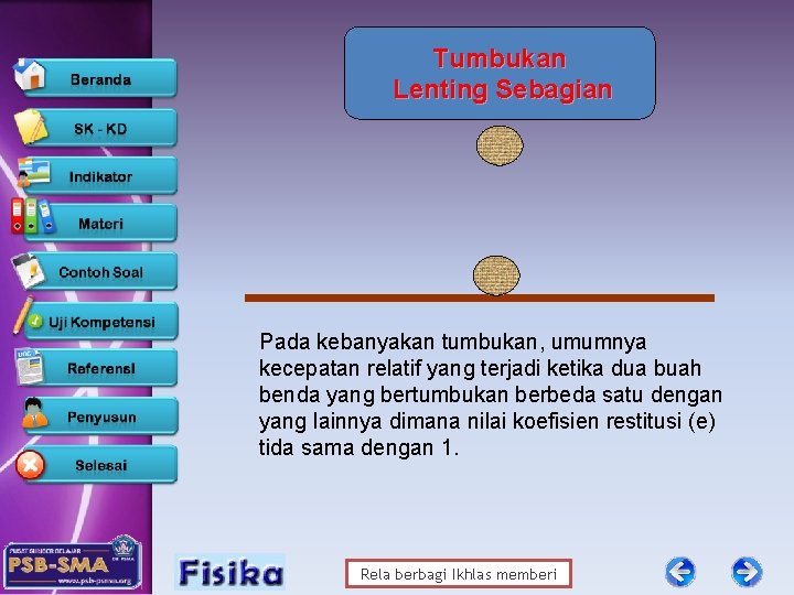 Tumbukan Lenting Sebagian Pada kebanyakan tumbukan, umumnya kecepatan relatif yang terjadi ketika dua buah