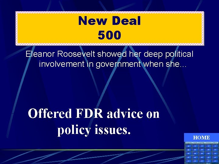 New Deal 500 Eleanor Roosevelt showed her deep political involvement in government when she…