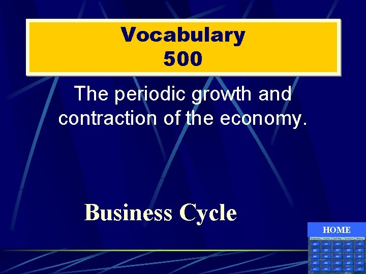 Vocabulary 500 The periodic growth and contraction of the economy. Business Cycle HOME 