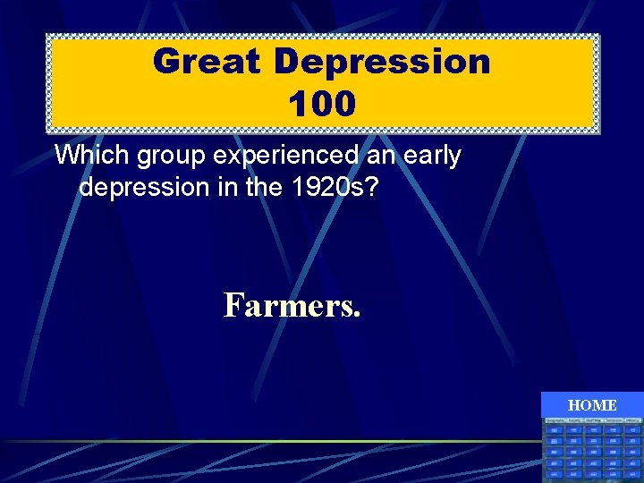 Great Depression 100 Which group experienced an early depression in the 1920 s? Farmers.