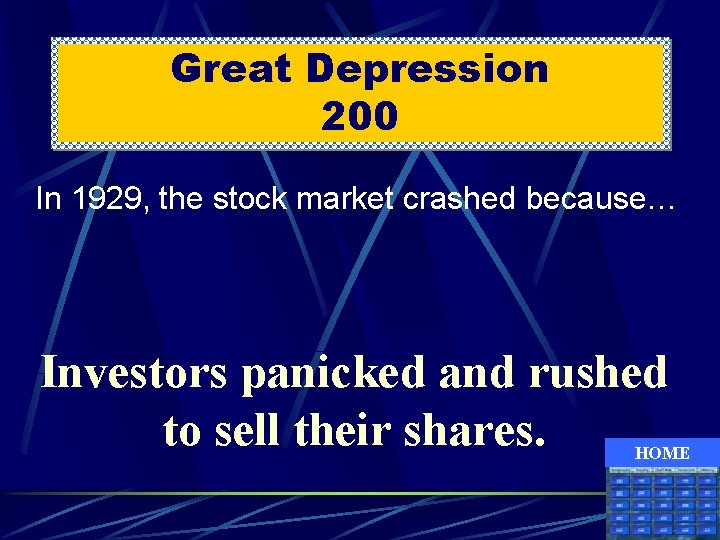Great Depression 200 In 1929, the stock market crashed because… Investors panicked and rushed