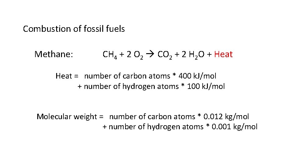 Combustion of fossil fuels Methane: CH 4 + 2 O 2 CO 2 +
