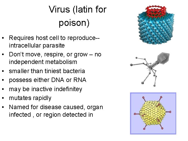 Virus (latin for poison) • Requires host cell to reproduce-intracellular parasite • Don’t move,