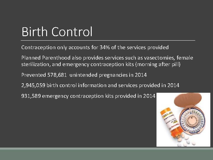 Birth Control Contraception only accounts for 34% of the services provided Planned Parenthood also