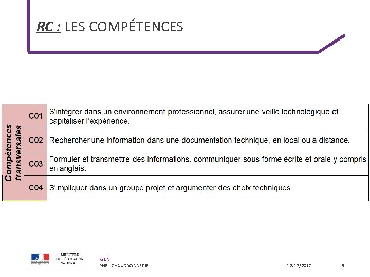 RC : LES COMPÉTENCES IGEN PNF - CHAUDRONNERIE 12/12/2017 9 