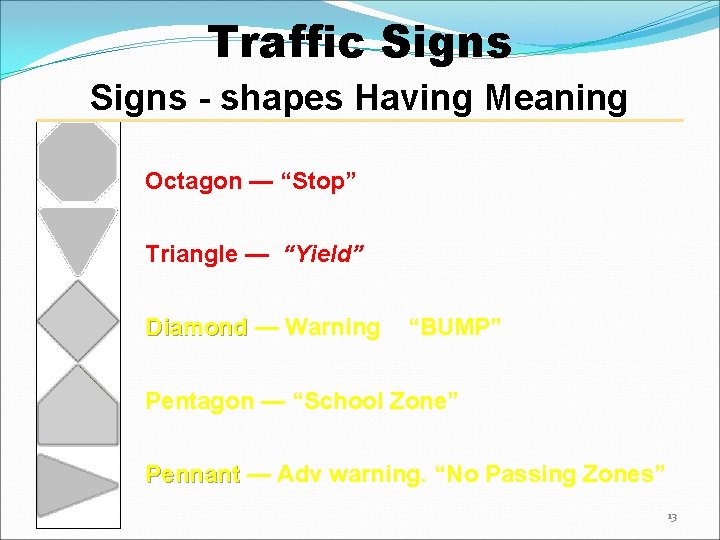 Traffic Signs - shapes Having Meaning Octagon — “Stop” Triangle — “Yield” Diamond —