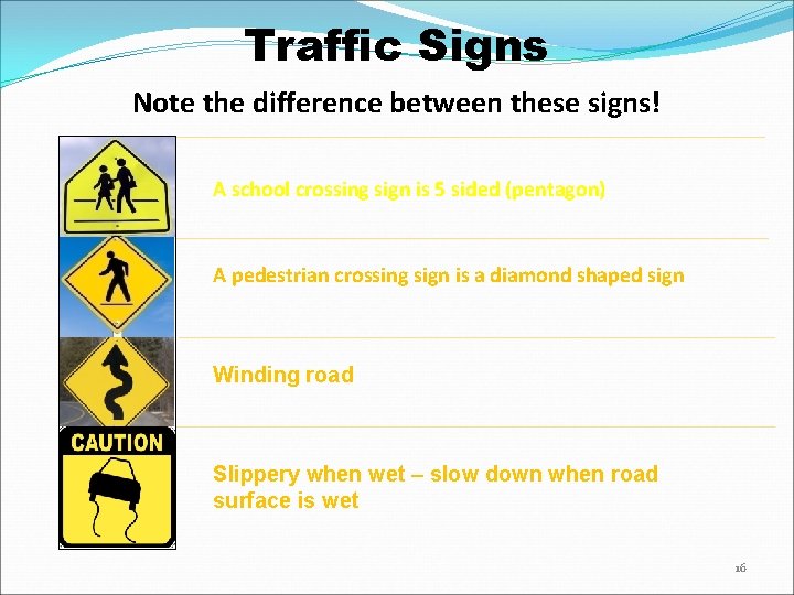 Traffic Signs Note the difference between these signs! A school crossing sign is 5