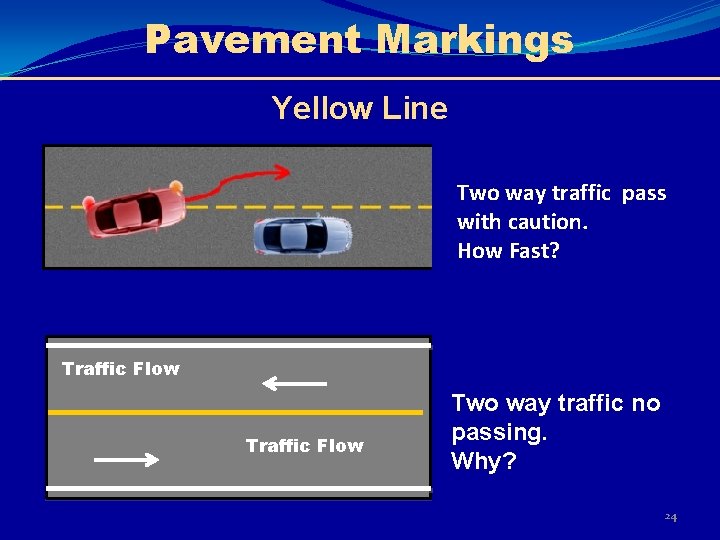 Pavement Markings Yellow Line Two way traffic pass with caution. How Fast? Traffic Flow