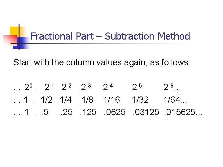 Fractional Part – Subtraction Method Start with the column values again, as follows: …