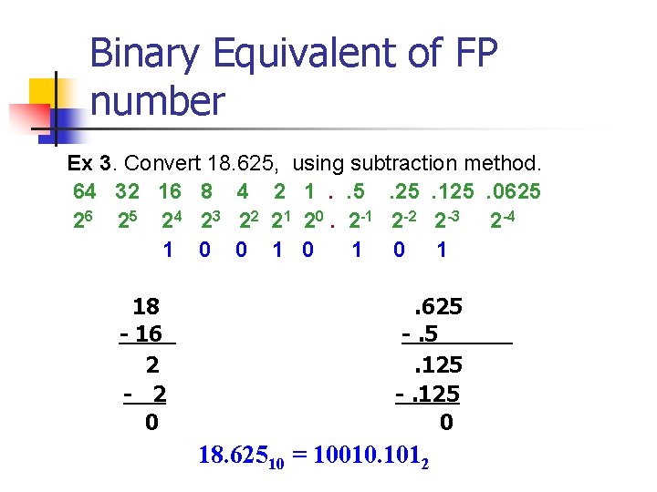 Binary Equivalent of FP number Ex 3. Convert 18. 625, using subtraction method. 64