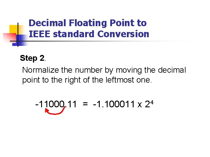 Decimal Floating Point to IEEE standard Conversion Step 2. Normalize the number by moving