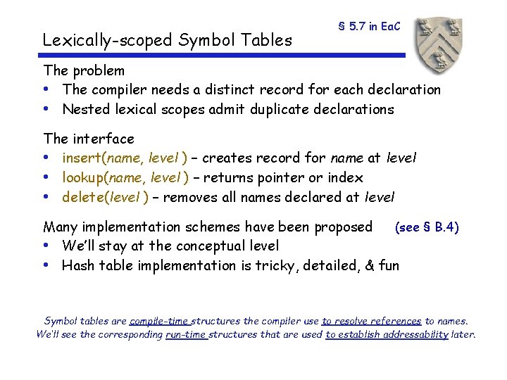 Lexically-scoped Symbol Tables § 5. 7 in Ea. C The problem • The compiler