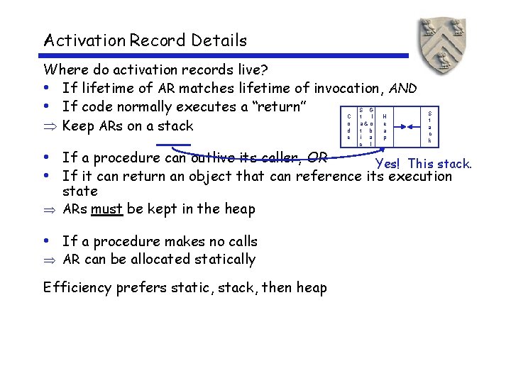 Activation Record Details Where do activation records live? • If lifetime of AR matches