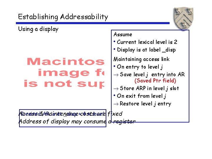 Establishing Addressability Using a display Assume • Current lexical level is 2 • Display
