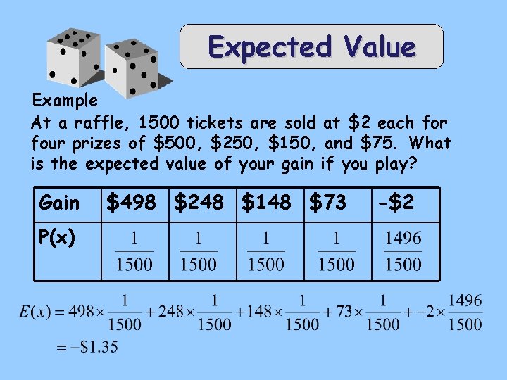 Expected Value Example At a raffle, 1500 tickets are sold at $2 each for