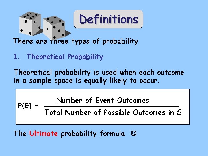Definitions There are three types of probability 1. Theoretical Probability Theoretical probability is used