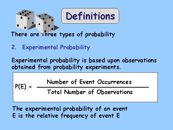 Definitions There are three types of probability 2. Experimental Probability Experimental probability is based