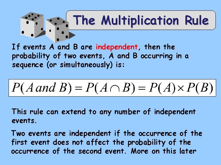 The Multiplication Rule If events A and B are independent, then the probability of