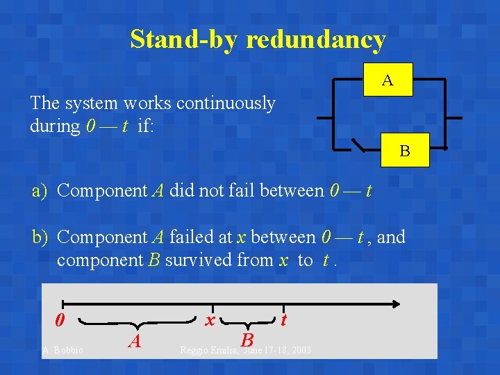 Stand-by redundancy A The system works continuously during 0 — t if: B a) Stand-by redundancy A The system works continuously during 0 — t if: B a)