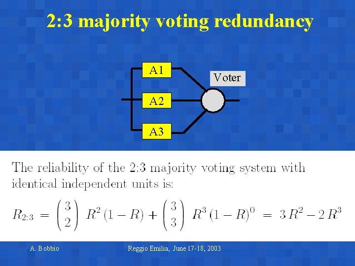 2: 3 majority voting redundancy A 1 Voter A 2 A 3 A. Bobbio 2: 3 majority voting redundancy A 1 Voter A 2 A 3 A. Bobbio