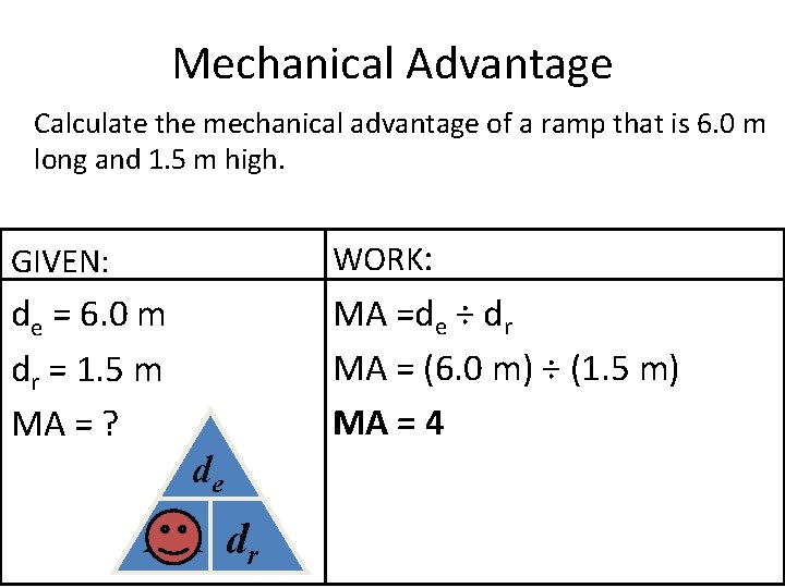 Mechanical Advantage Calculate the mechanical advantage of a ramp that is 6. 0 m