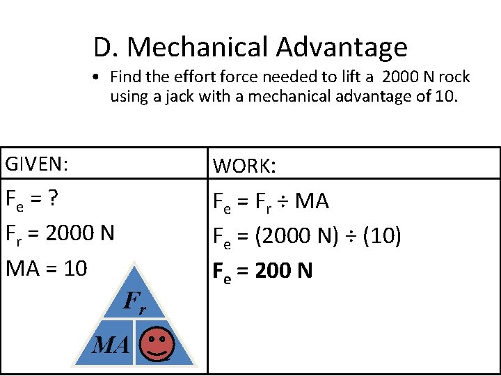 D. Mechanical Advantage • Find the effort force needed to lift a 2000 N