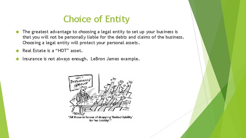 Choice of Entity The greatest advantage to choosing a legal entity to set up
