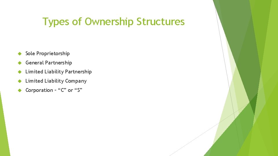 Types of Ownership Structures Sole Proprietorship General Partnership Limited Liability Company Corporation – “C”