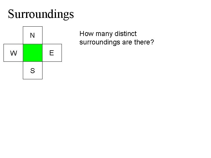 Surroundings How many distinct surroundings are there? N E W S 