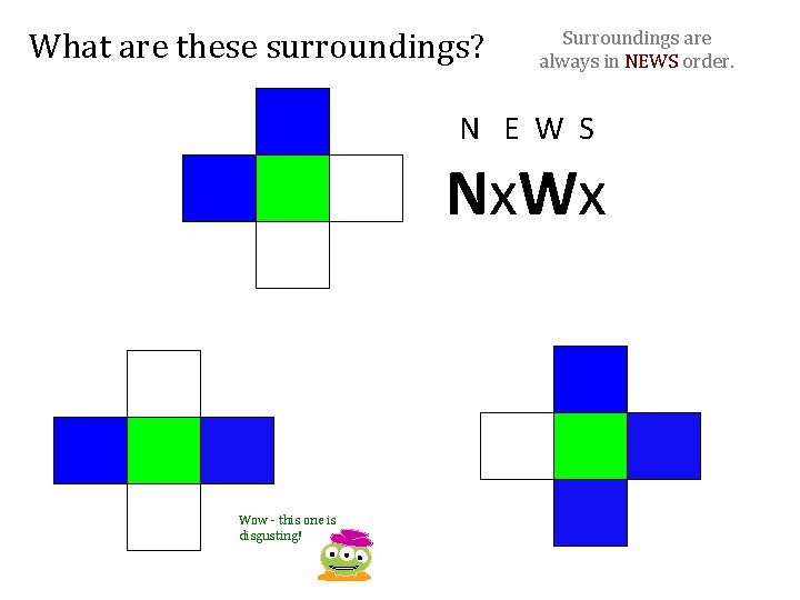 What are these surroundings? Surroundings are always in NEWS order. N E W S