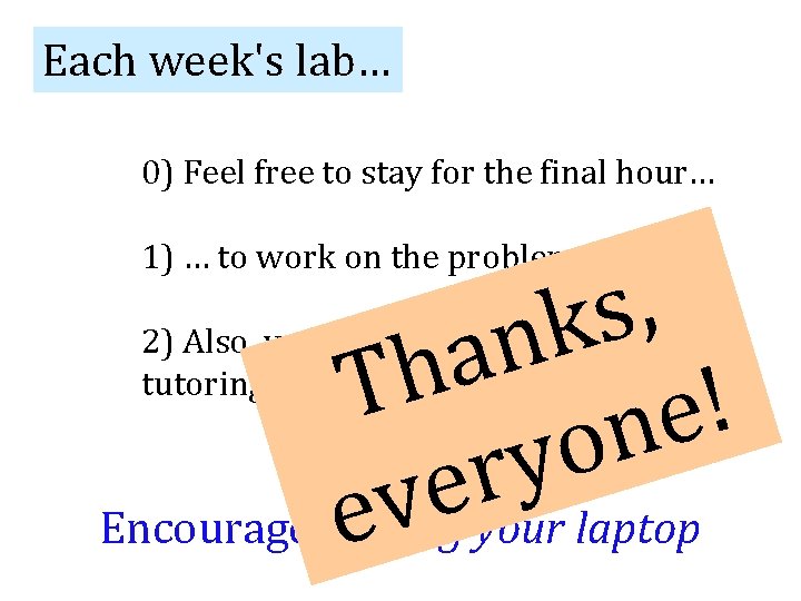 Each week's lab… 0) Feel free to stay for the final hour… 1) …