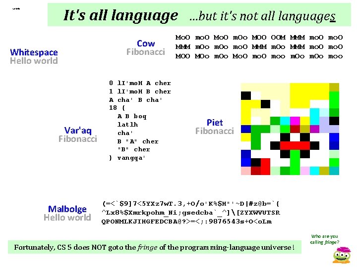 It's all language …but it's not all languages Say hello. Cow Fibonacci Whitespace Hello