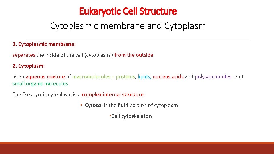 Eukaryotic Cell Structure Cytoplasmic membrane and Cytoplasm 1. Cytoplasmic membrane: separates the inside of