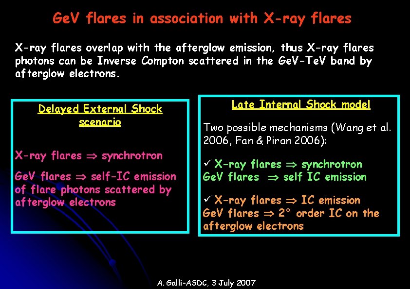 Ge. V flares in association with X-ray flares overlap with the afterglow emission, thus