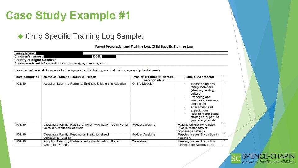 Case Study Example #1 Child Specific Training Log Sample: 
