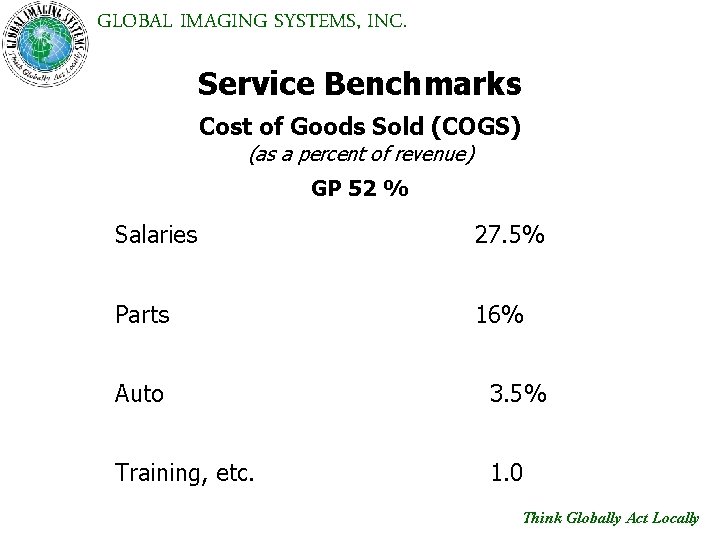 GLOBAL IMAGING SYSTEMS, INC. Service Benchmarks Cost of Goods Sold (COGS) (as a percent