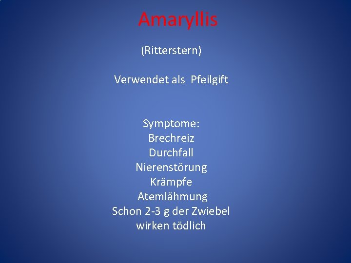 Amaryllis (Ritterstern) Verwendet als Pfeilgift Symptome: Brechreiz Durchfall Nierenstörung Krämpfe Atemlähmung Schon 2 -3 Amaryllis (Ritterstern) Verwendet als Pfeilgift Symptome: Brechreiz Durchfall Nierenstörung Krämpfe Atemlähmung Schon 2 -3